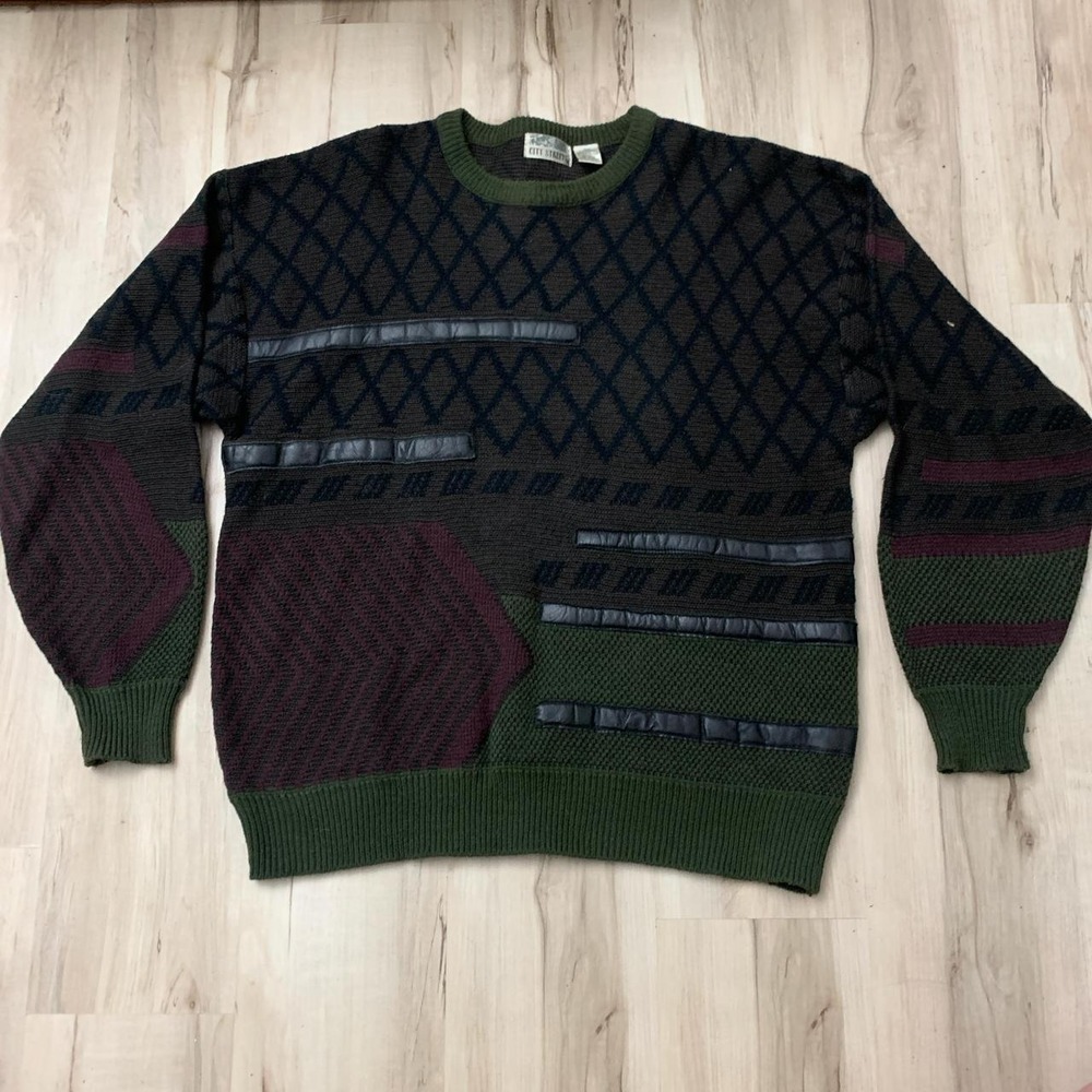 City Streets Vintage 90s Abstract Pattern Sweater Mens XLT Green Brown Acrylic